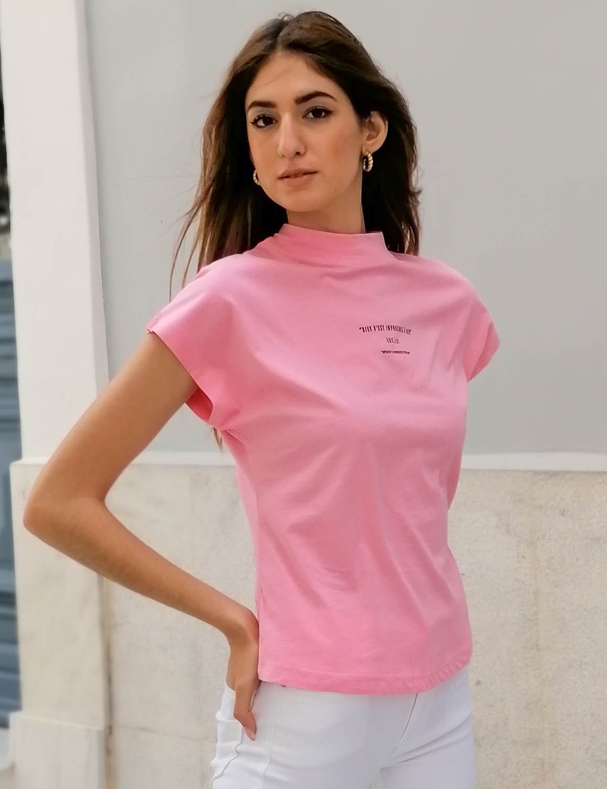Γυναικείο ροζ βαμβακερό Tshirt με τύπωμα 7870R